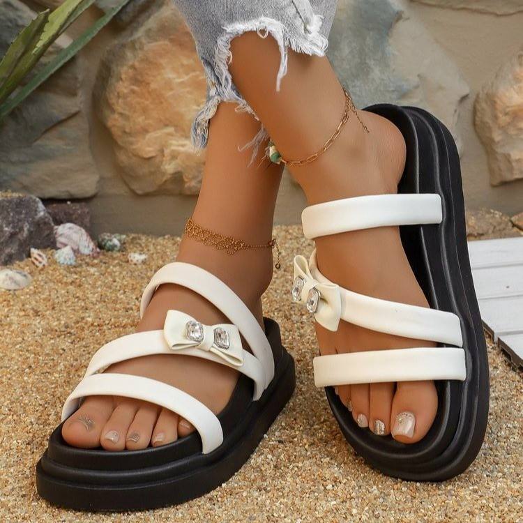 Simple bow decorated women's white casual slippers