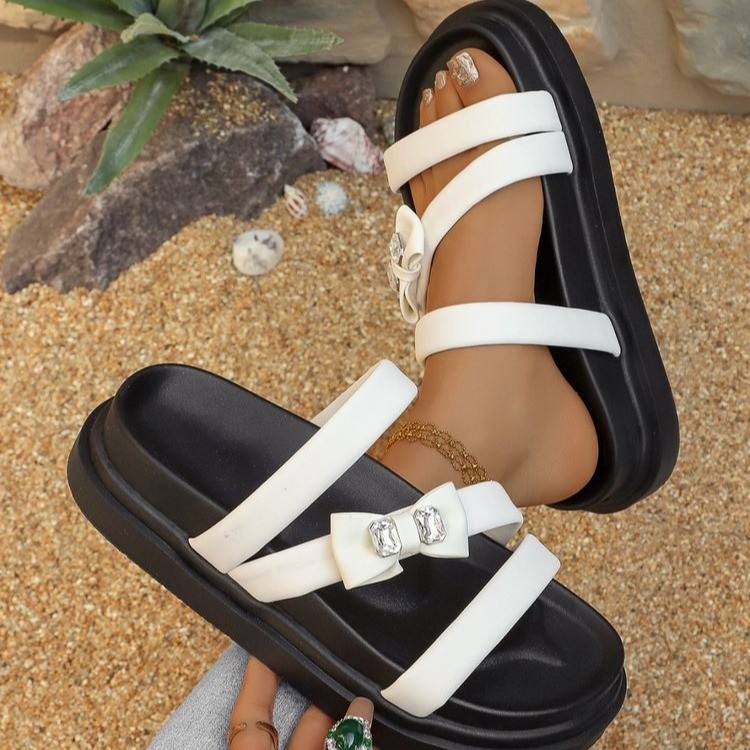 Simple bow decorated women's white casual slippers
