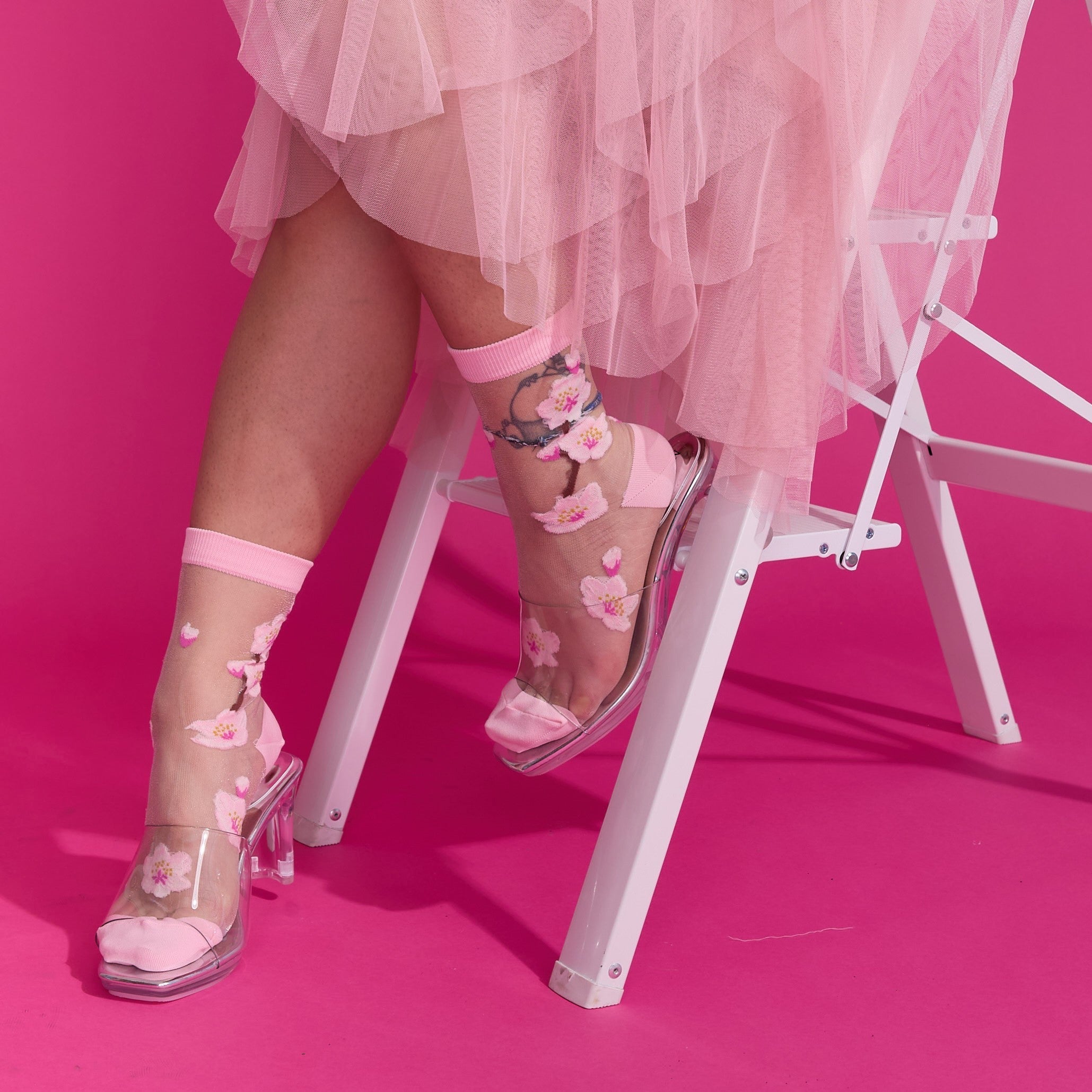Cherry Blossoms Sheer Crew Socks